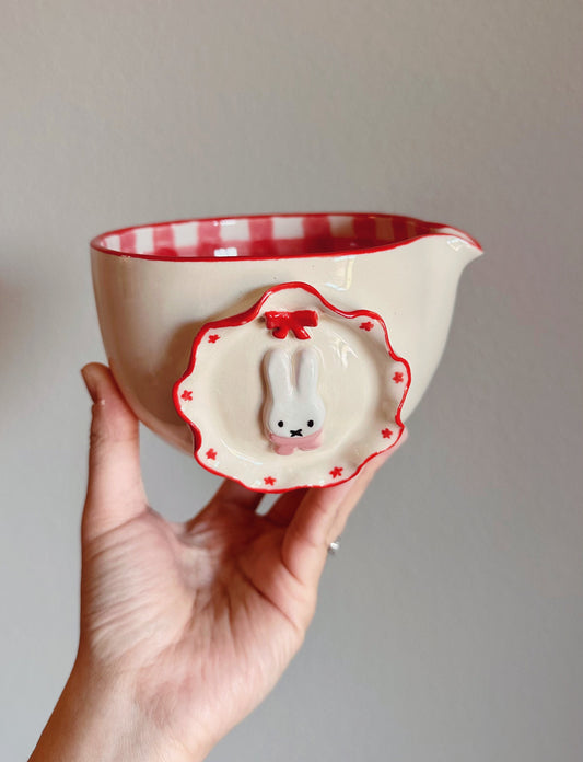 Oval-Miffy Red Gingham Matcha Bowl